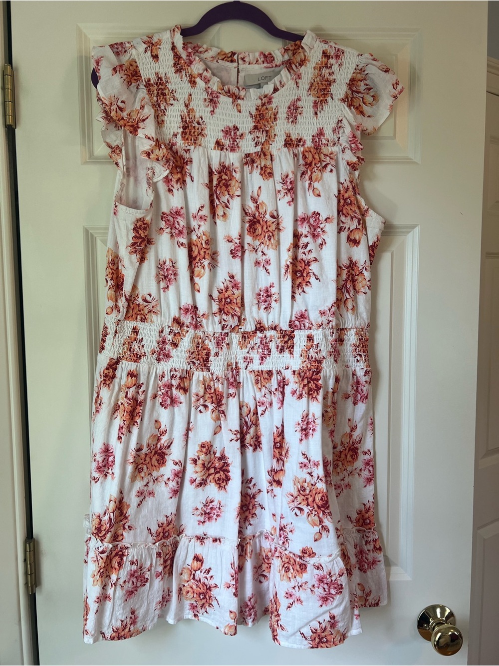 LOFT White Dress with Pink and Peach Floral Print